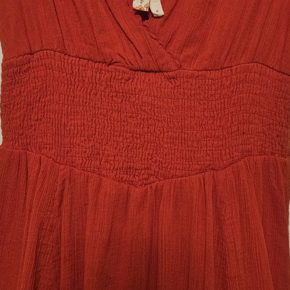 Maeve Anthropologie Red Smocked Waist Cotton Midi Dress Sz 6 Boho Cottagecore - Picture 3 of 9